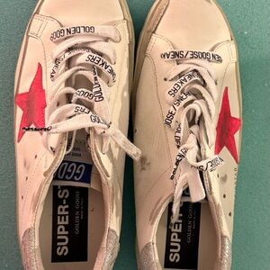 Golden Goose Cream Sneakers with Hot Pink Star Accents
